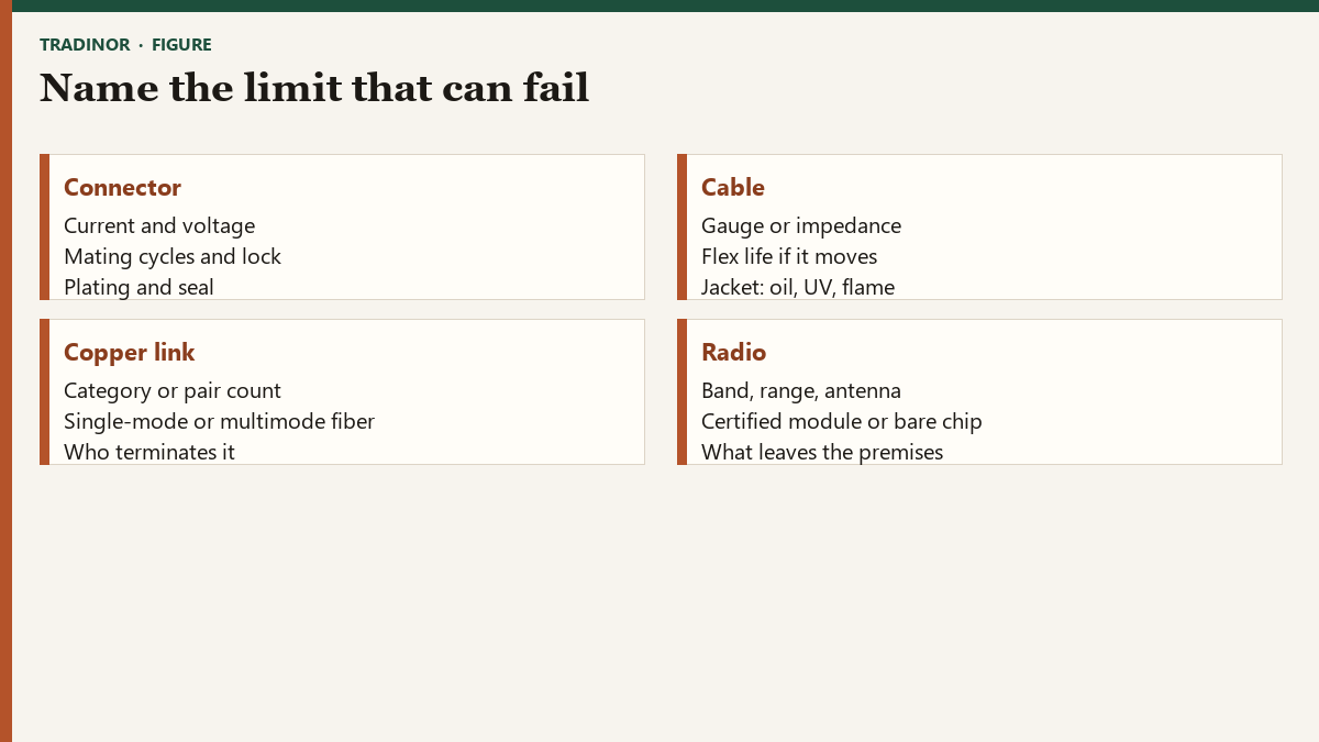 Specification points for industrial connectors, cables, and short-range radios