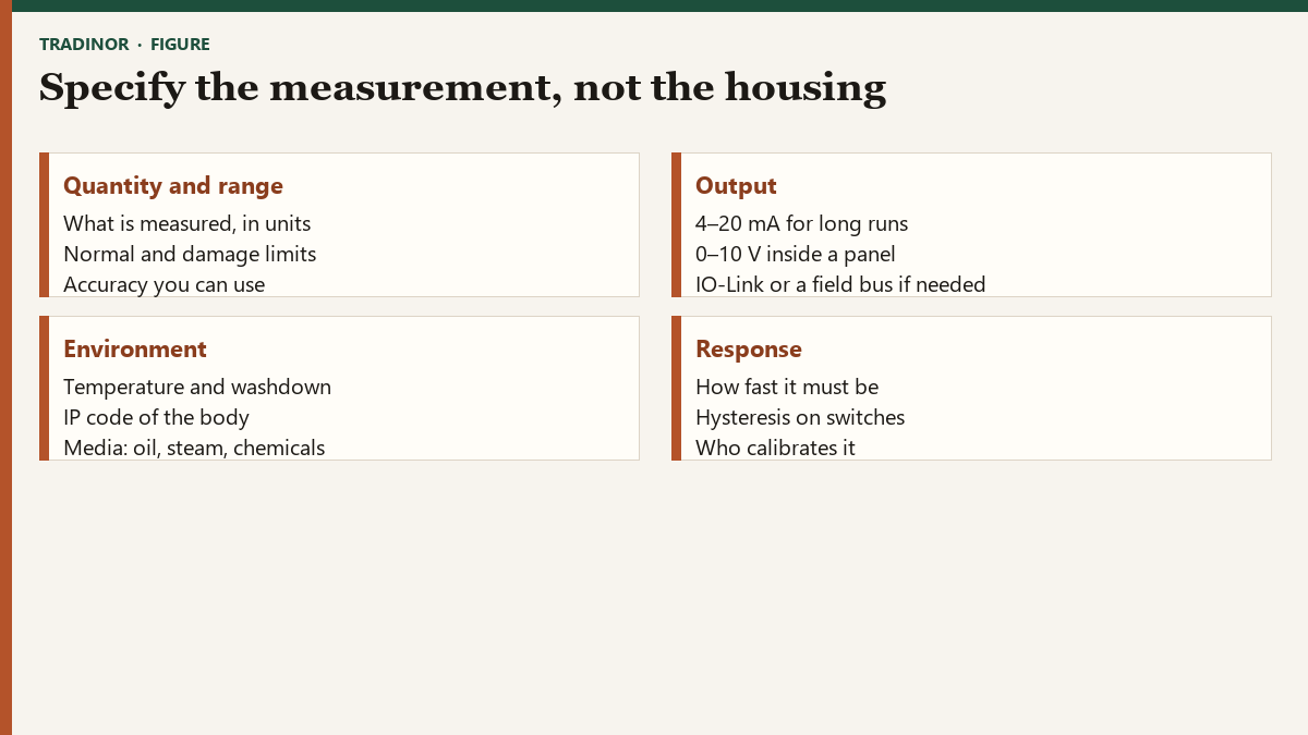 Sensor selection filters: measured quantity, output type, and environment