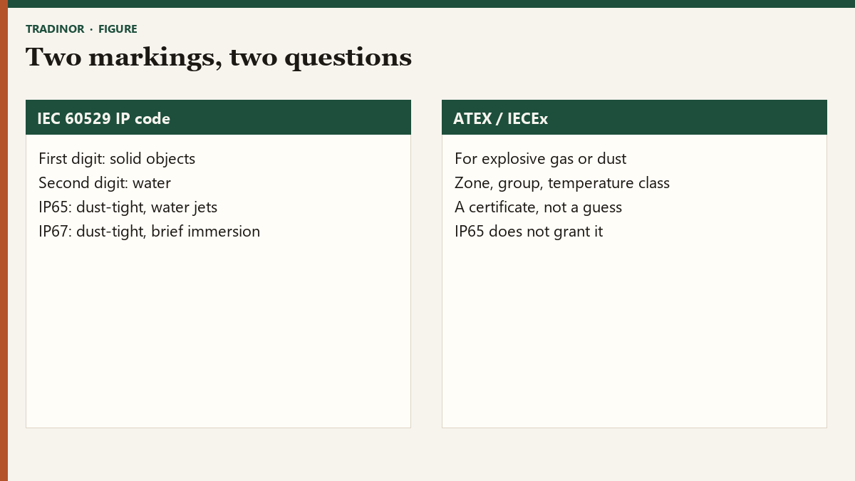 Diagram separating IP water and dust tests from explosive-atmosphere marking