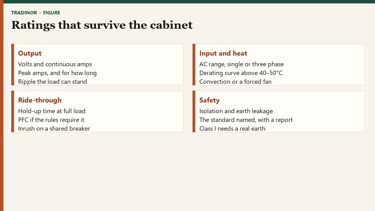 Power supply ratings to read: voltage, derating, hold-up, and isolation